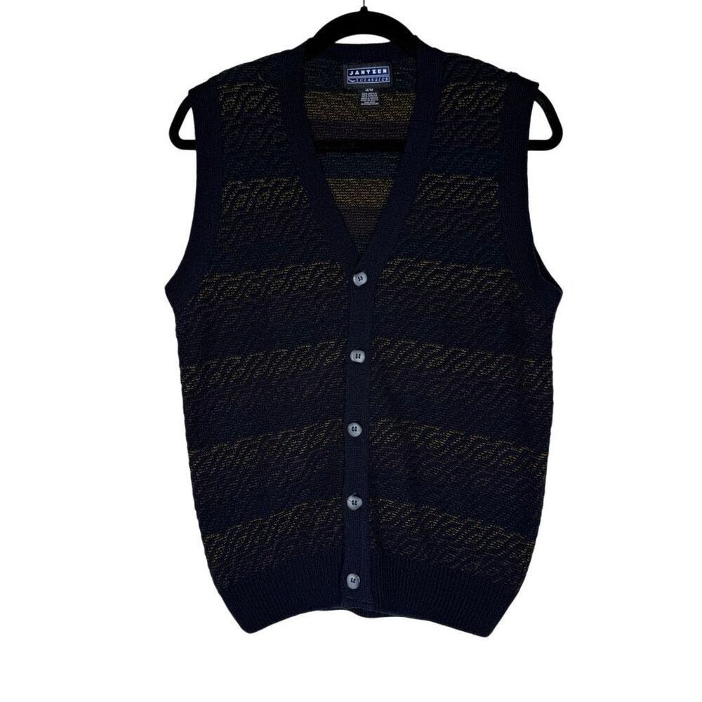 Vintage Men’s Jantzen Sweater Vest Button Up Black & Gold Size M